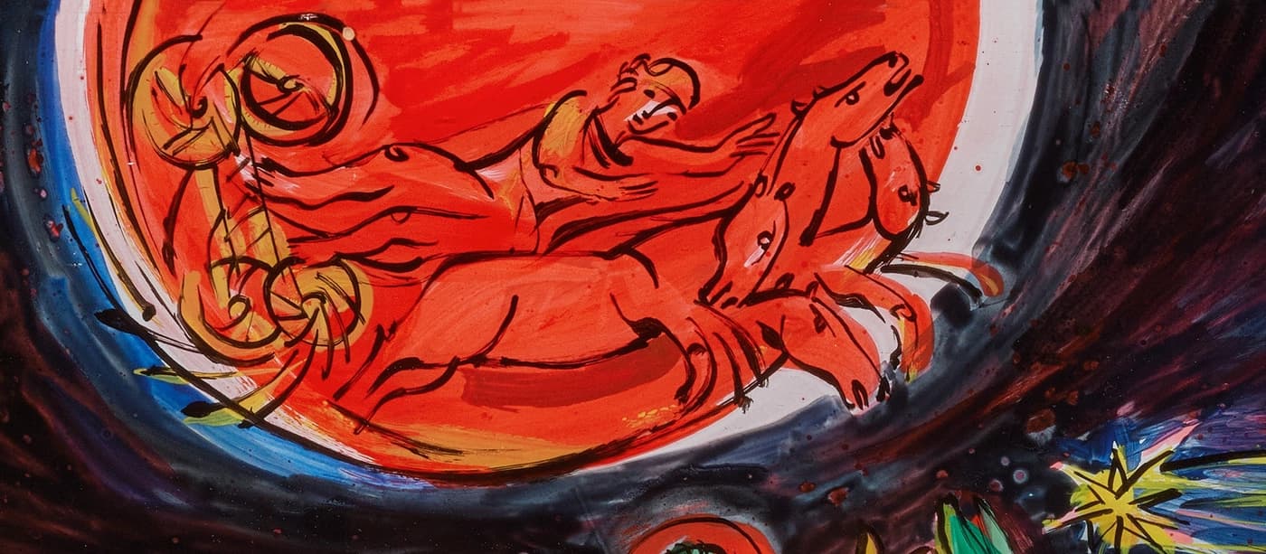 Himmelswagen des Elias. Detail aus Hinterglasbild von Erich Schickling